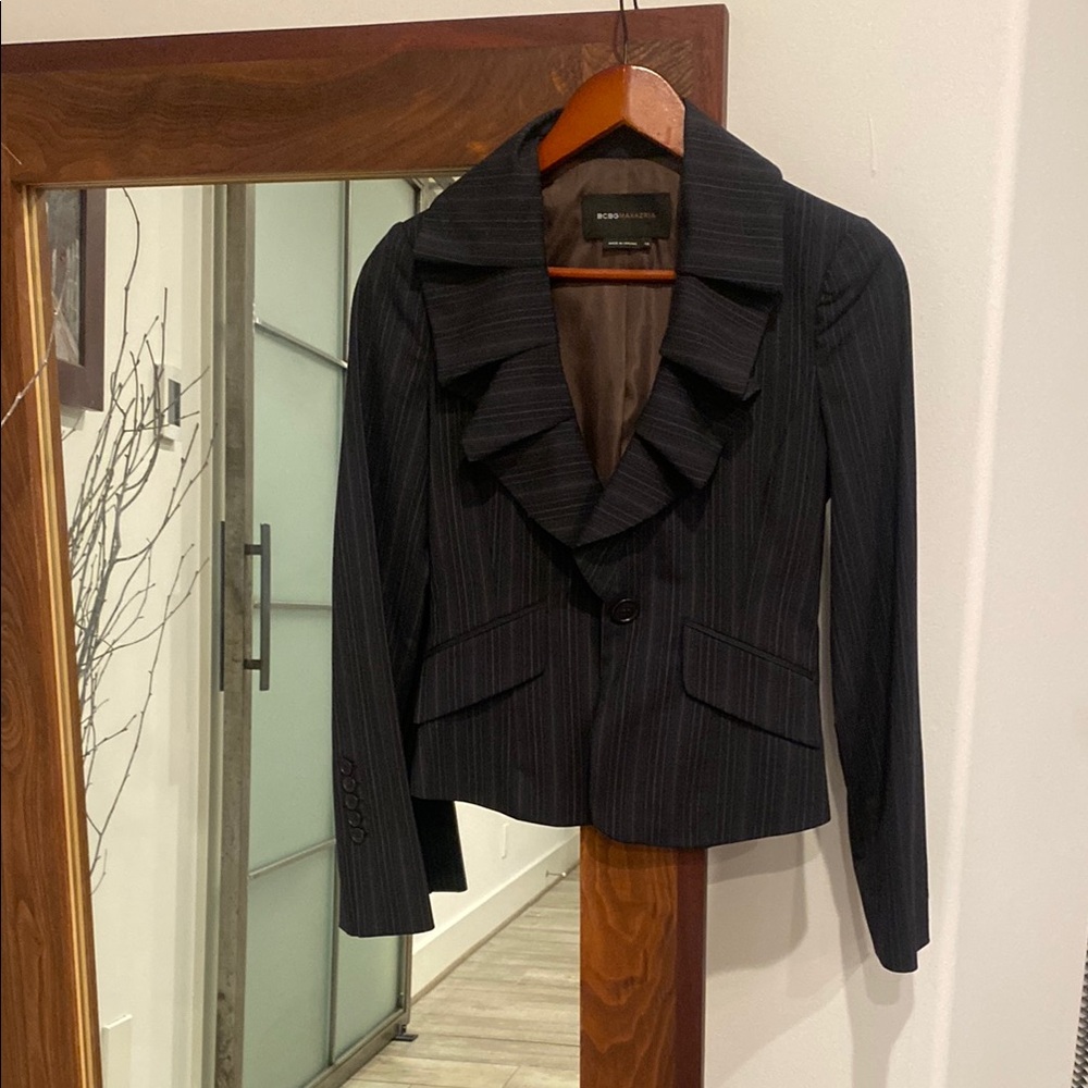 BCBGMaxAzria Black Pinstripe Ruffle Blazer